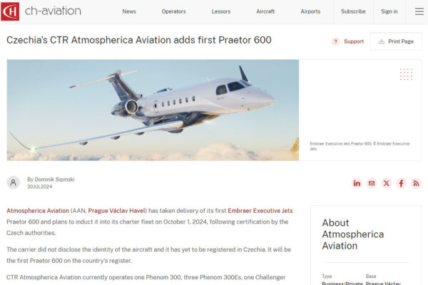 Czechia’s CTR Atmospherica Aviation adds first Praetor 600